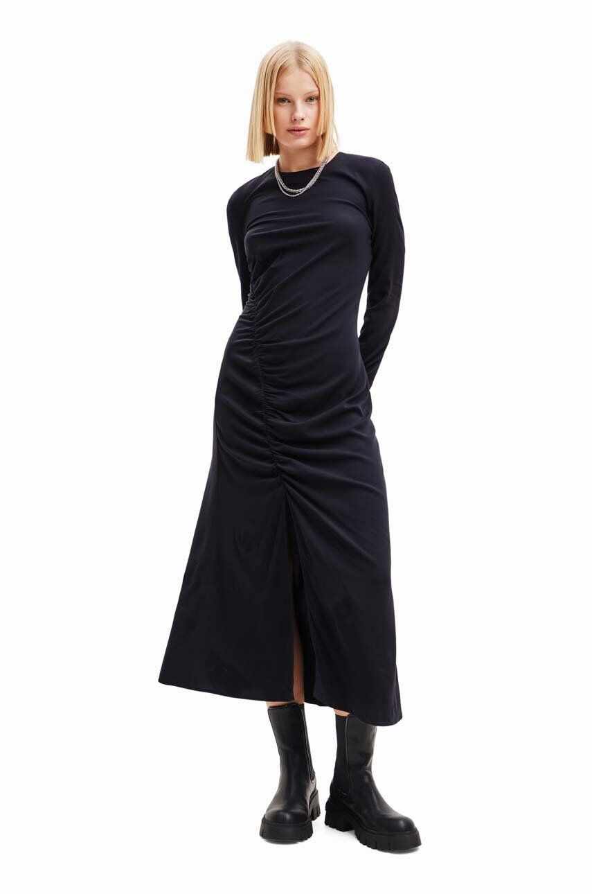 Desigual rochie 23WWVWA0 WOMAN WOVEN DRESS LONG SLEEVE culoarea negru, midi, mulata
