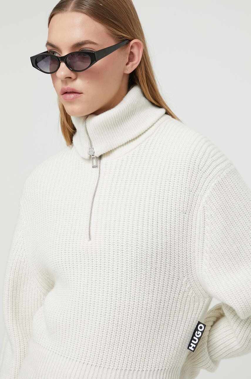 HUGO pulover din amestec de lana femei, culoarea bej, călduros, cu guler