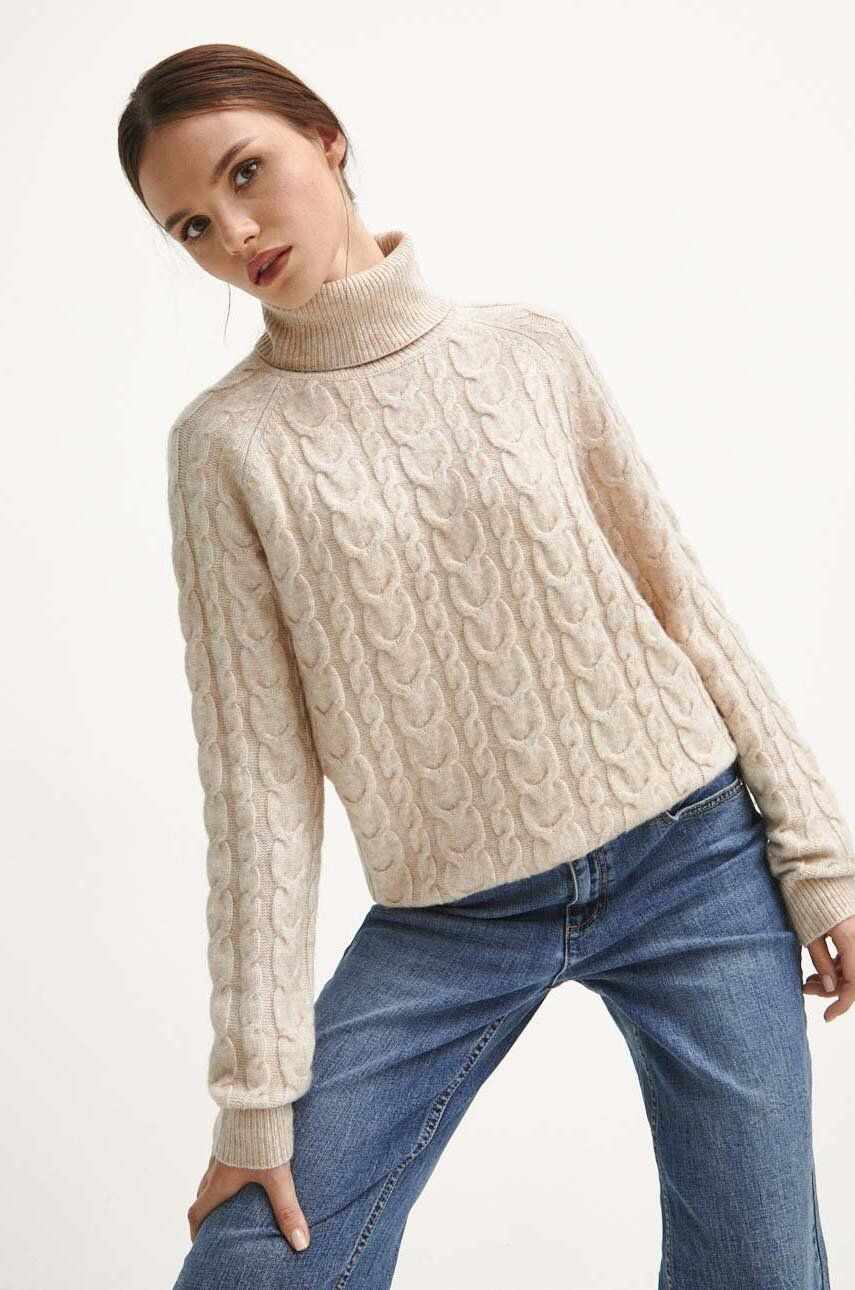 Medicine pulover din amestec de lana femei, culoarea bej, cu guler