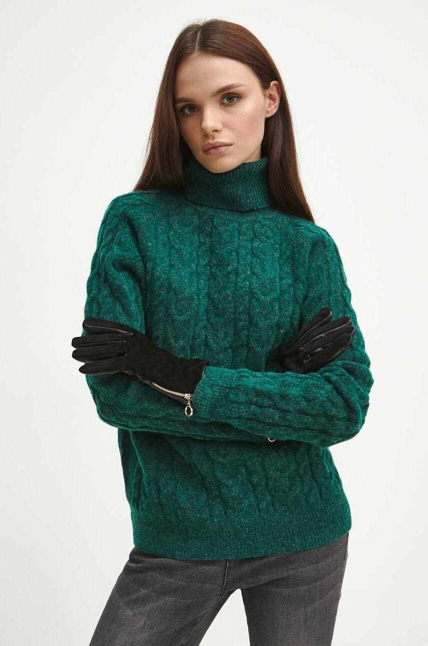 Medicine pulover din amestec de lana femei, culoarea verde, cu guler
