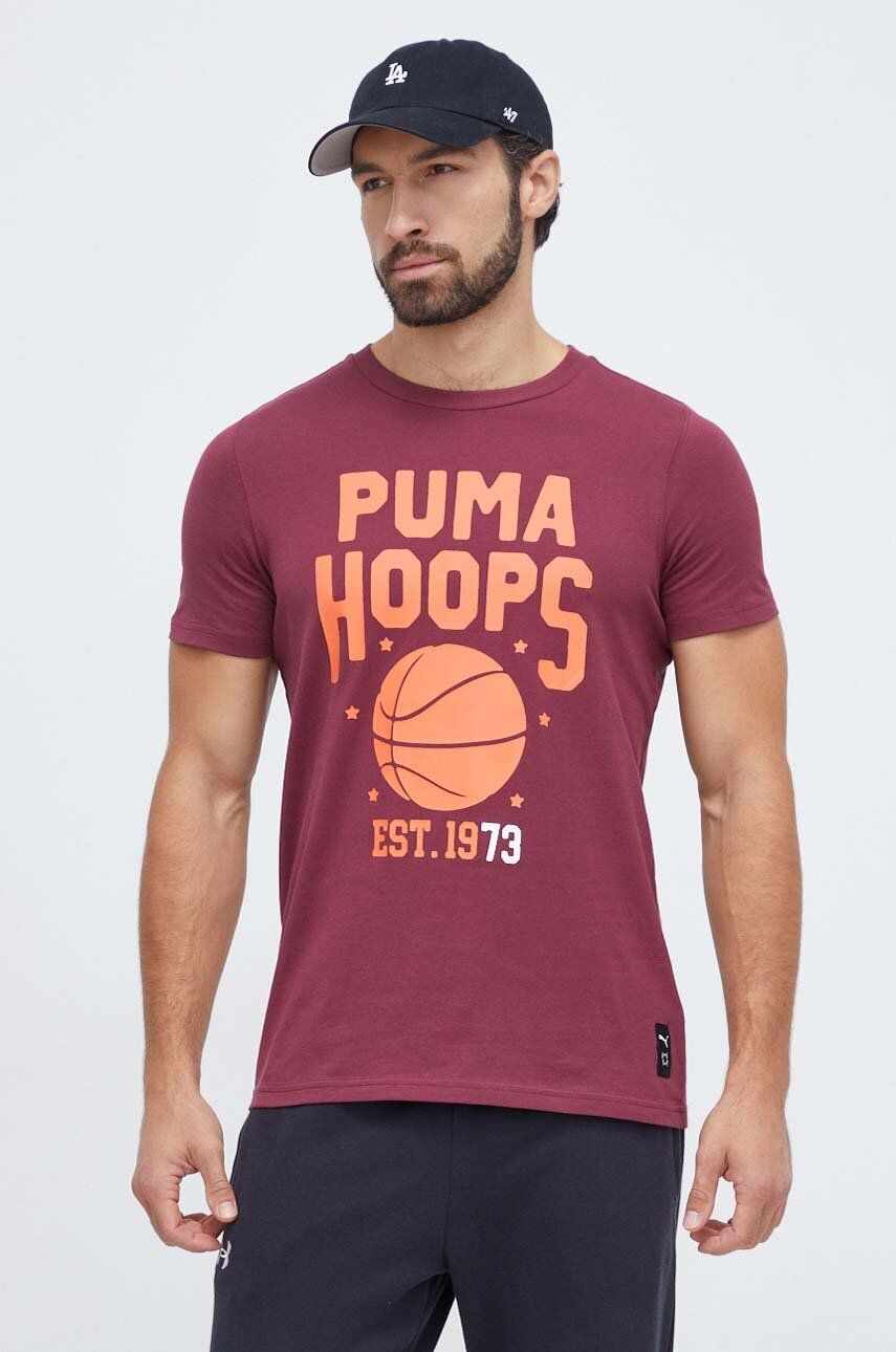 Puma tricou din bumbac barbati, culoarea bordo, cu imprimeu