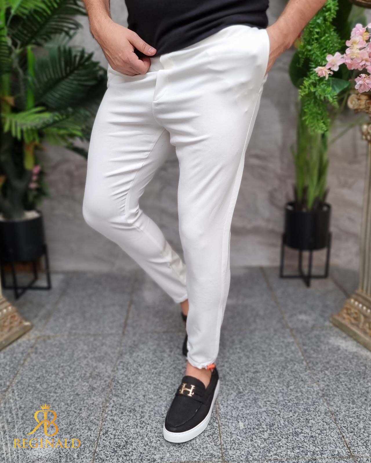 Pantaloni casual alb ivoire, cu elastic ajustabil in talie si la glezne - PN777