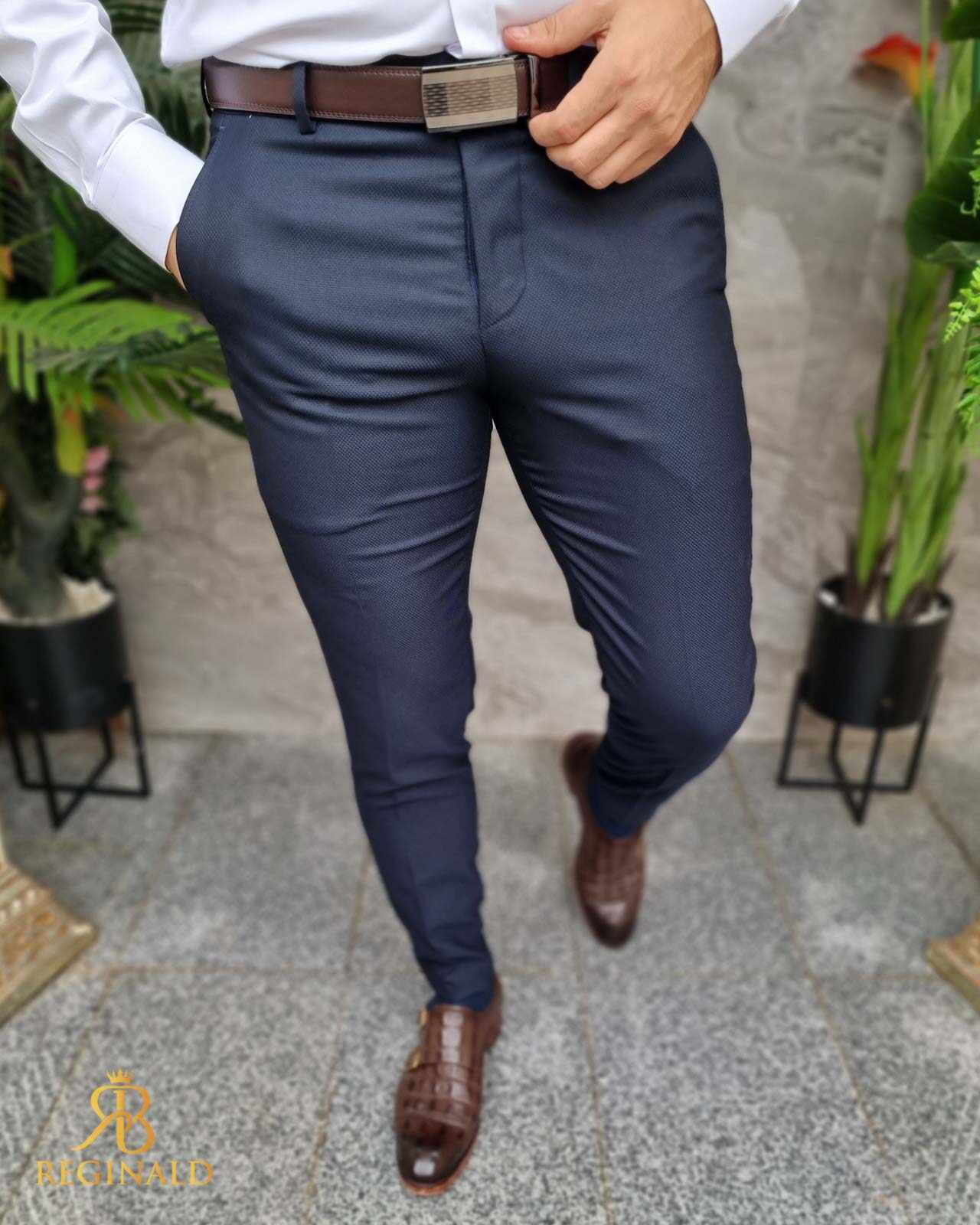 Pantaloni eleganti bleumarin inchis, croiala conica, elastici- PN794