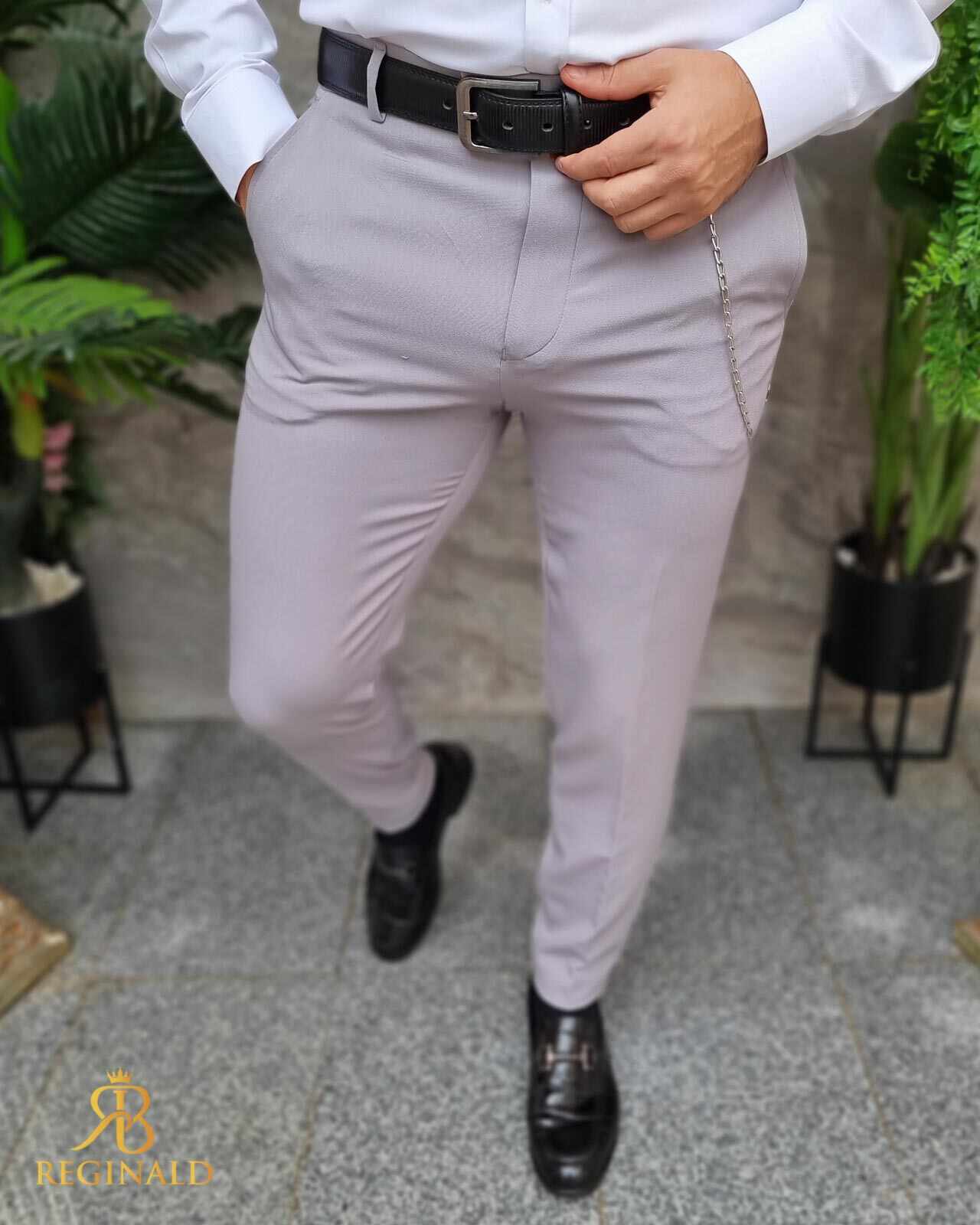 Pantaloni eleganti gri deschis, cu lant, elastici, croiala conica- PN784