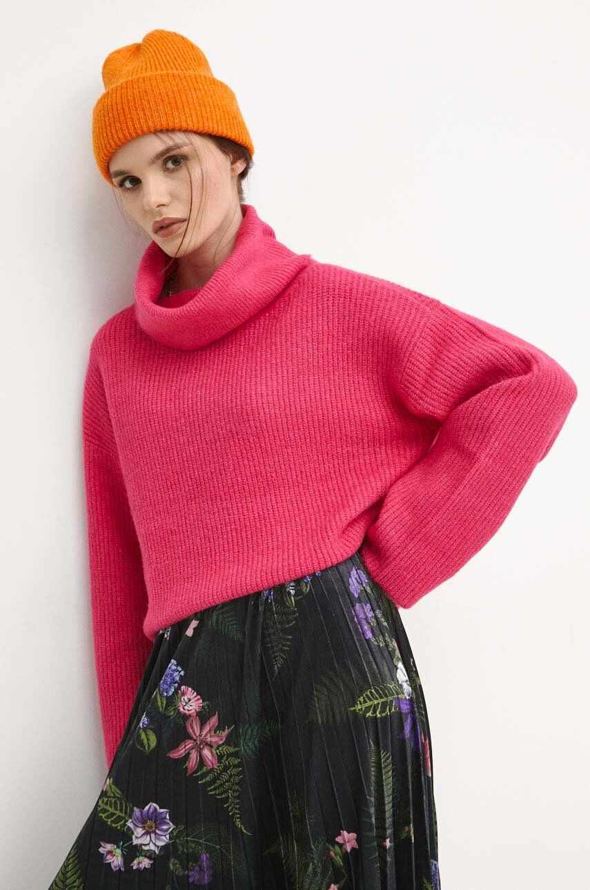 Medicine pulover din amestec de lana femei, culoarea roz, călduros, cu guler