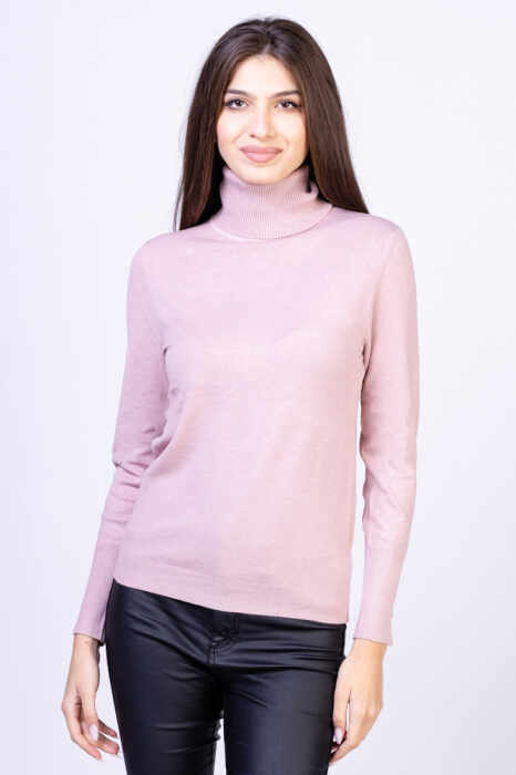 Helanca pulover cu guler inalt, cu cashmere, roz prafuit