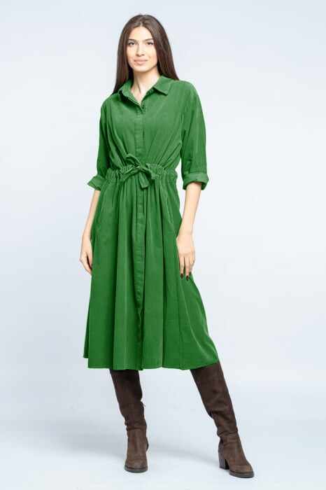 Rochie camasa din catifea reiata cu cordon in talie, verde crud