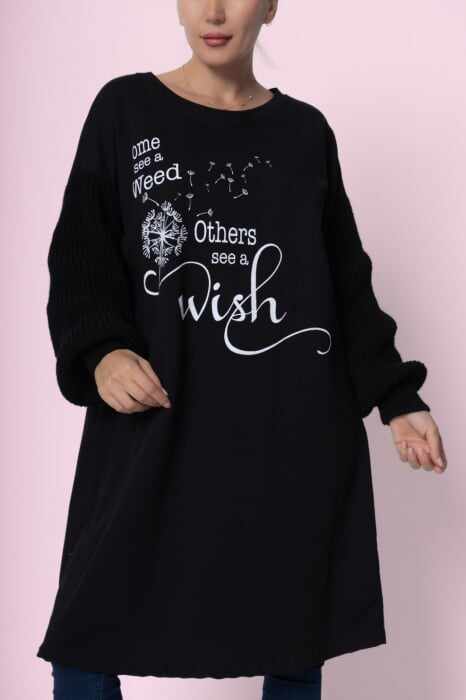Rochie midi dreapta neagra Wish ,din tricot de bumbac cu maneci tricotate