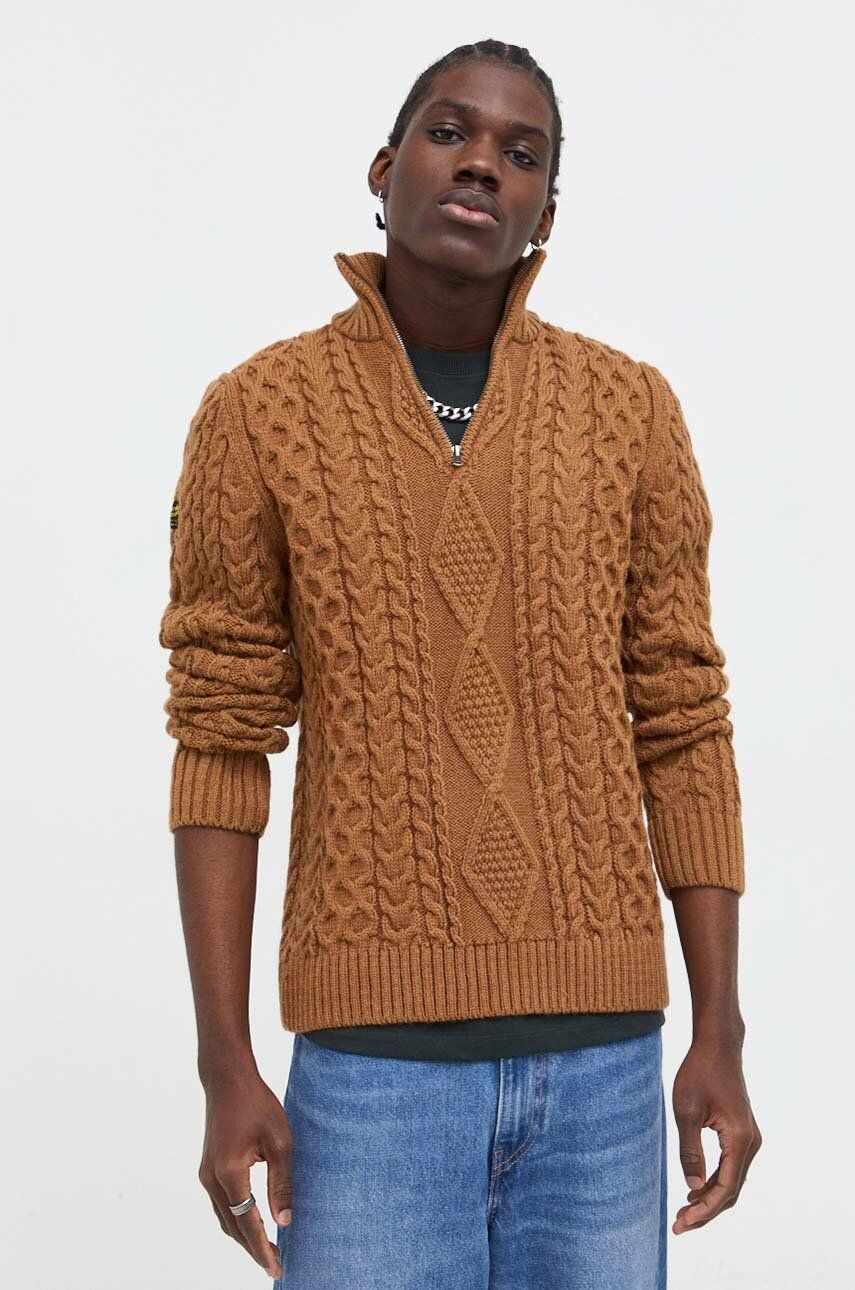 Superdry pulover din amestec de lana barbati, culoarea maro, călduros, cu turtleneck