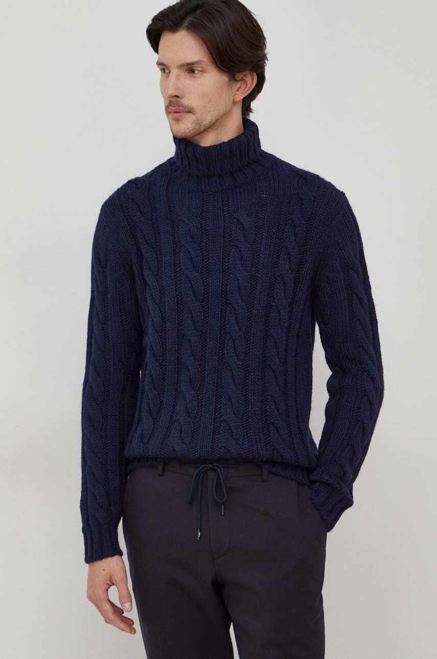 United Colors of Benetton pulover din amestec de lana barbati, culoarea albastru marin, călduros, cu guler