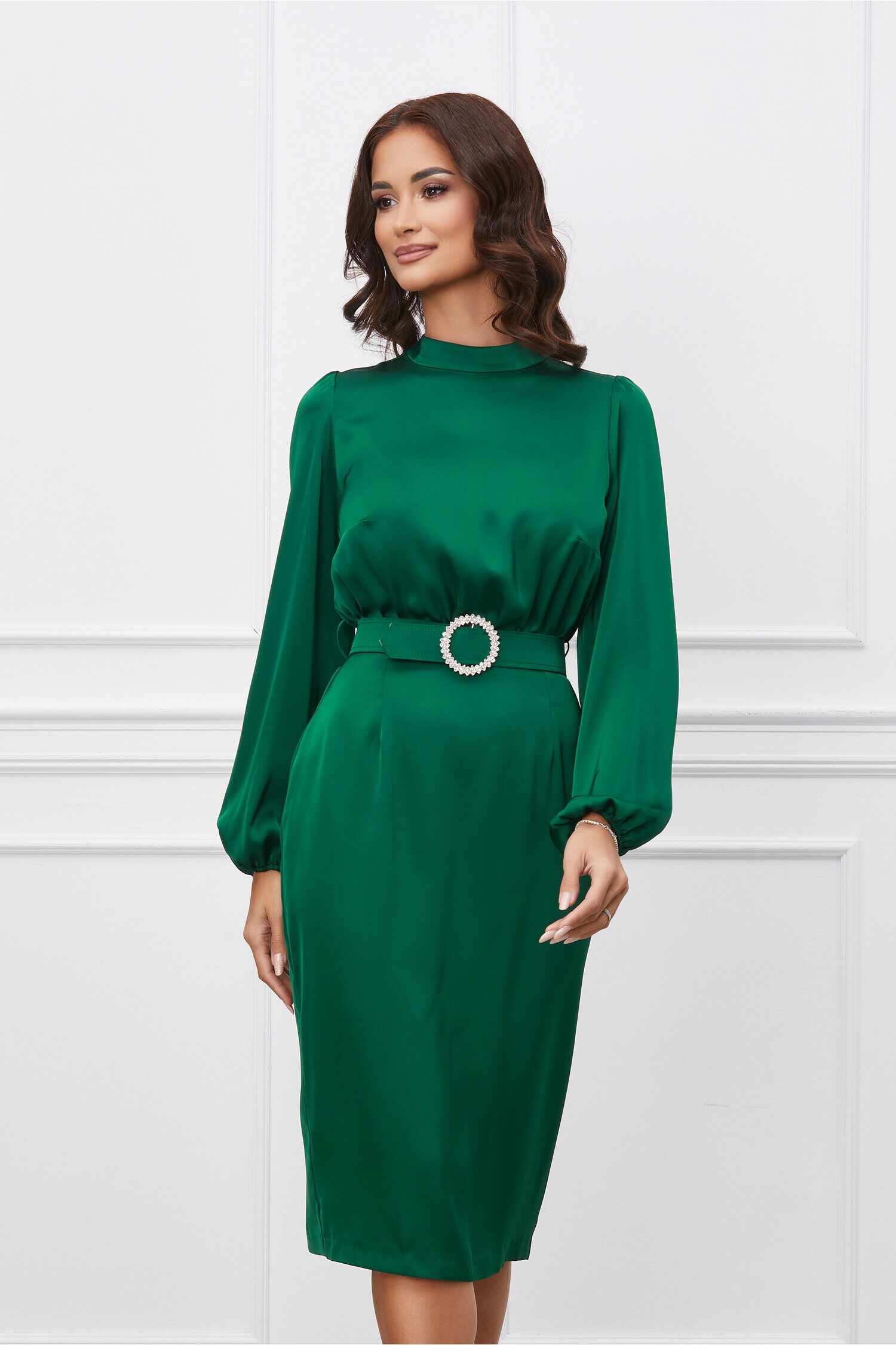 Rochie Dy Fashion verde din satin cu o curea in talie