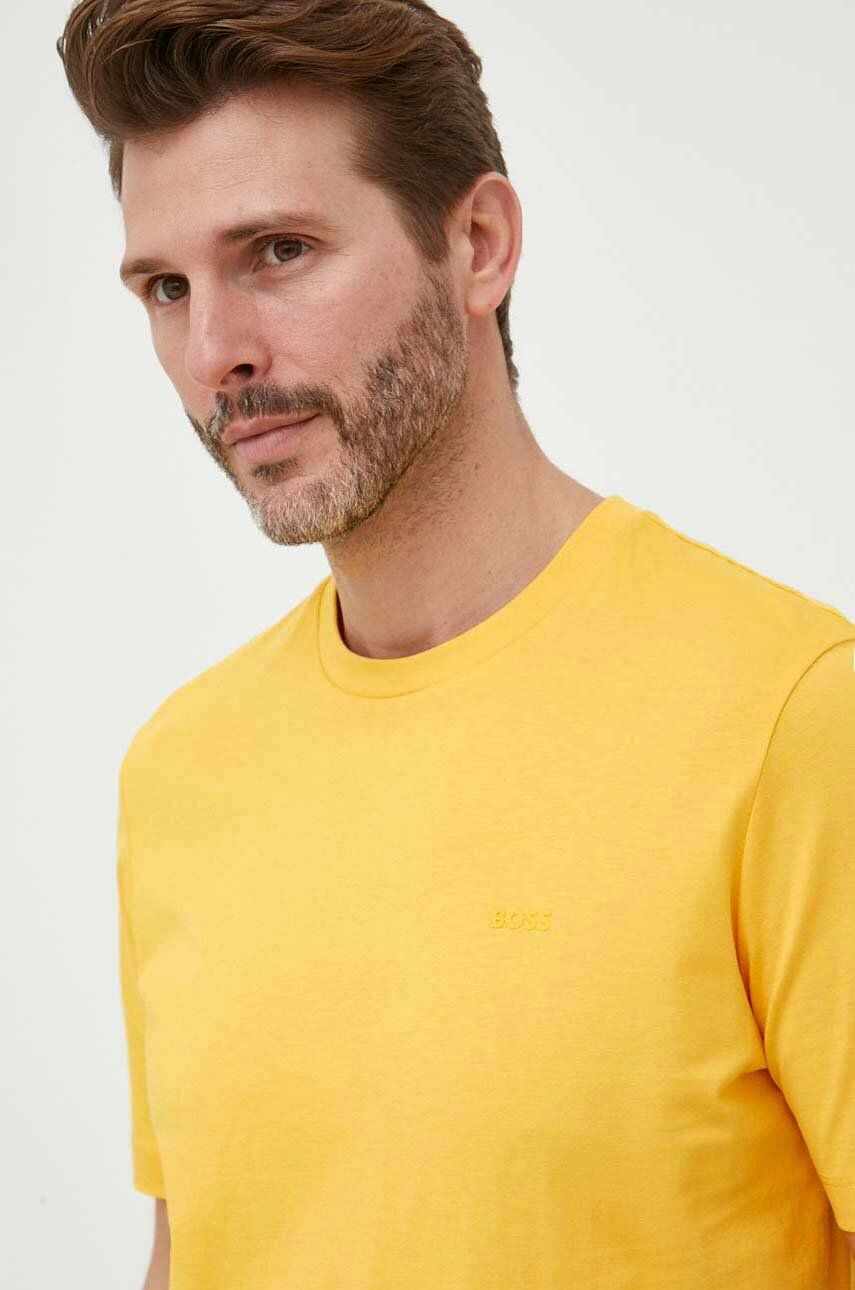 BOSS tricou din bumbac barbati, culoarea galben, neted