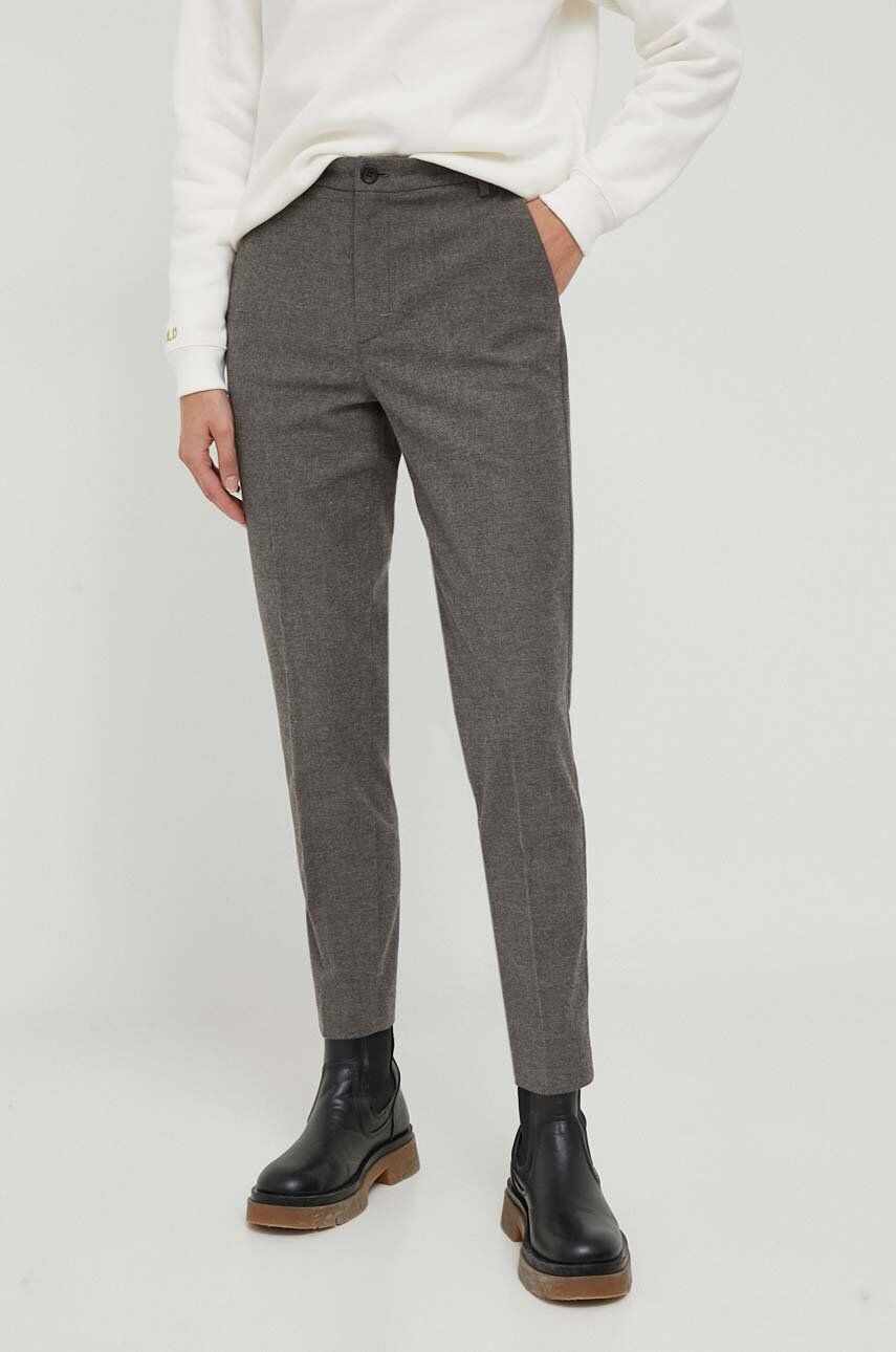 Sisley pantaloni femei, culoarea gri, drept, high waist