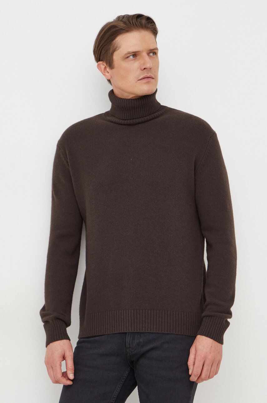 Sisley pulover de lana barbati, culoarea maro, cu guler