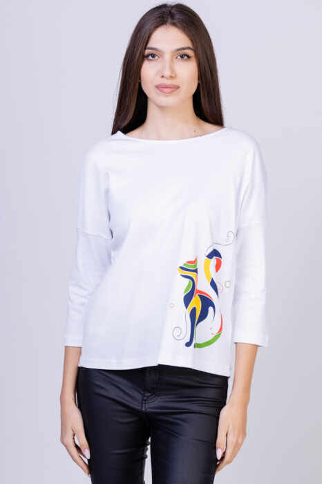Tricou alb cu imprimeu pisica colorata