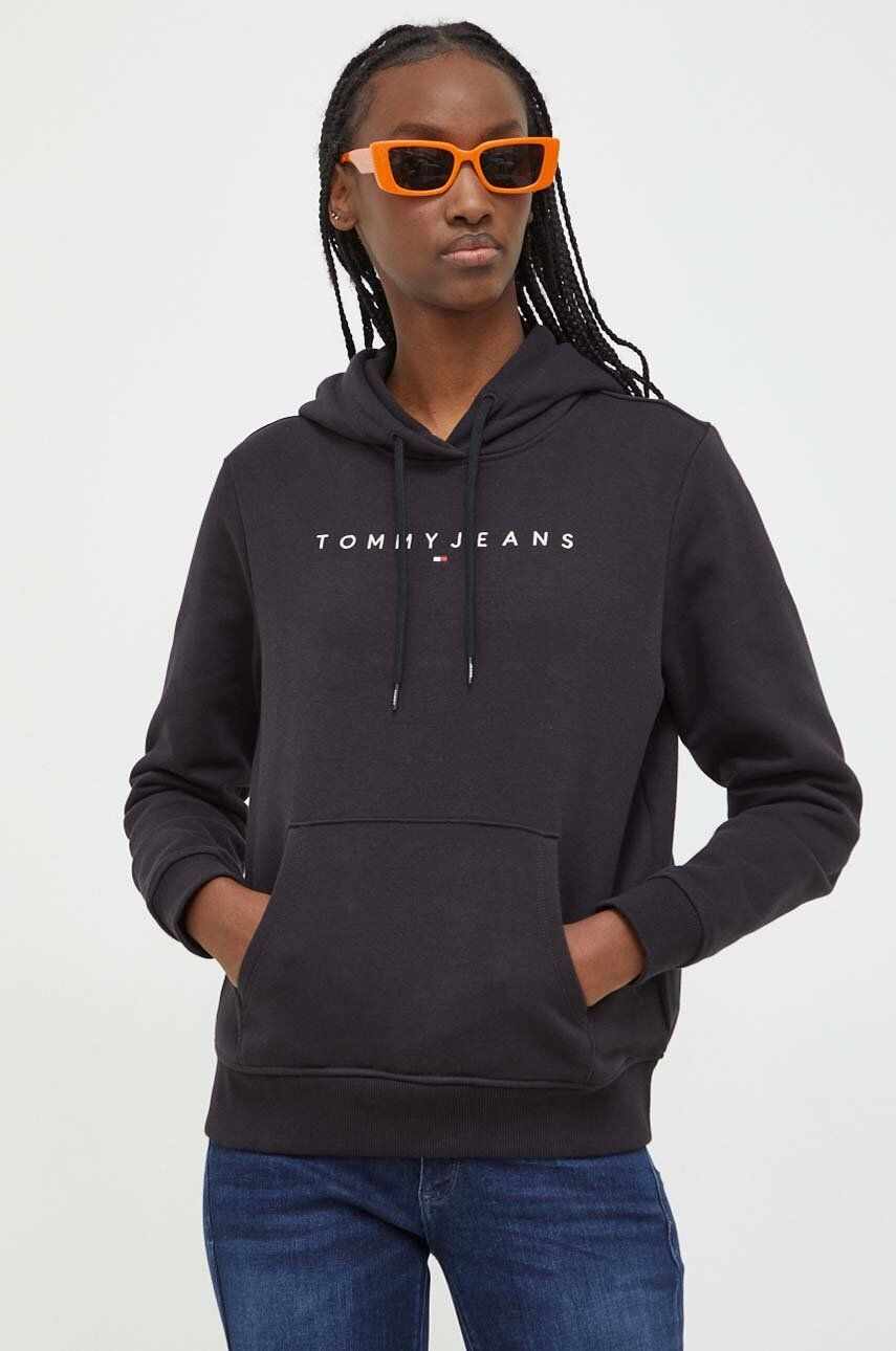 Tommy Jeans bluza femei, culoarea negru, cu glugă, cu imprimeu