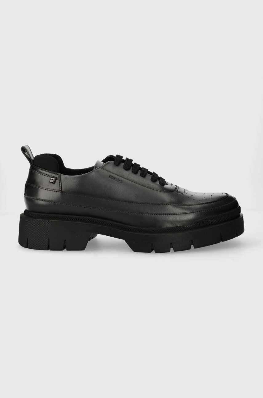 HUGO pantofi de piele Denzel barbati, culoarea gri, 50512707