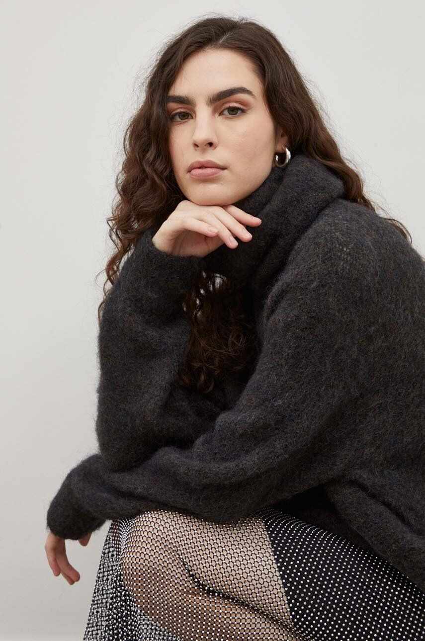 American Vintage pulover de lana femei, culoarea negru, călduros, cu guler