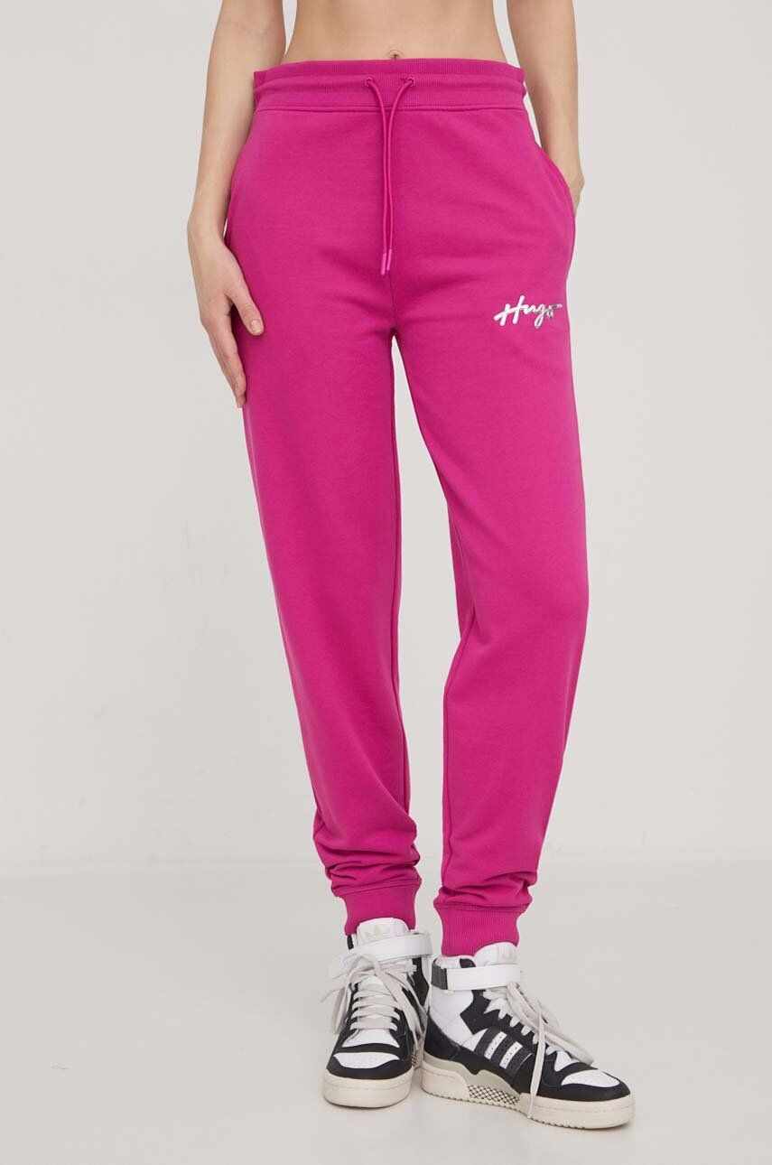 HUGO pantaloni de trening culoarea roz, neted