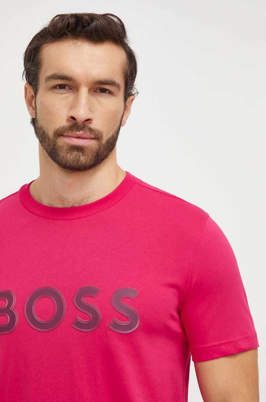 Boss Green tricou din bumbac barbati, culoarea roz, cu imprimeu