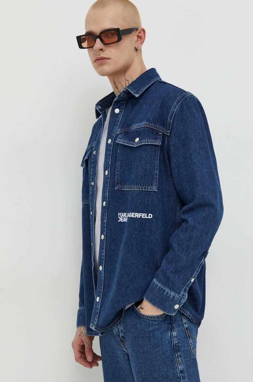 Karl Lagerfeld Jeans camasa jeans barbati, culoarea albastru marin, cu guler clasic, regular