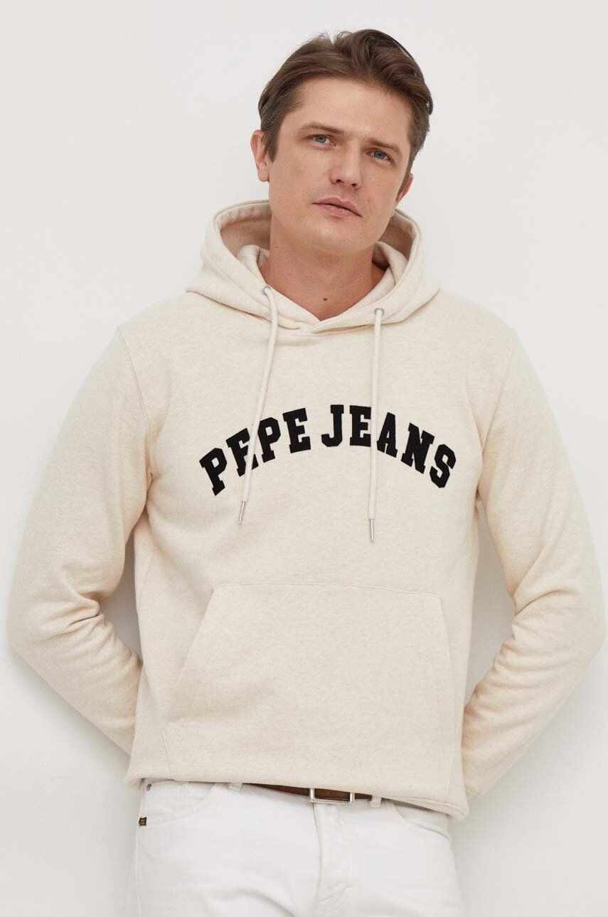 Pepe Jeans hanorac de bumbac Rane barbati, culoarea bej, cu glugă, melanj