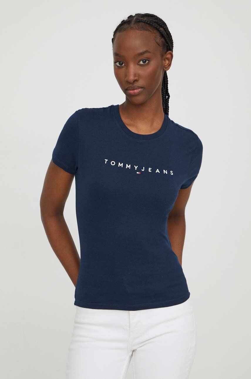 Tommy Jeans tricou din bumbac femei, culoarea albastru marin