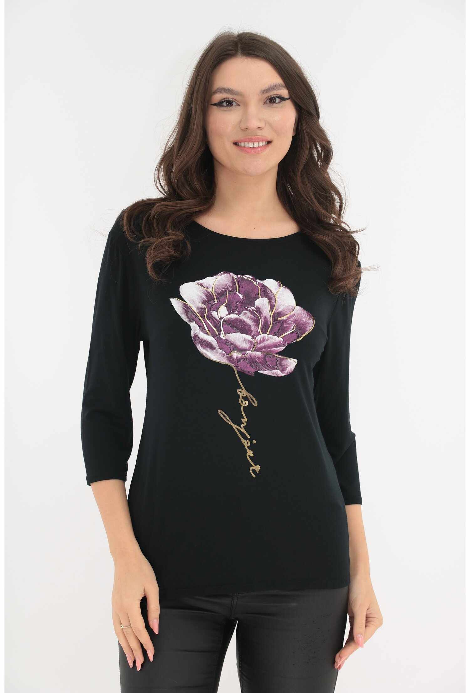 Bluza neagra cu imprimeu floral maxi lila si insertii aurii
