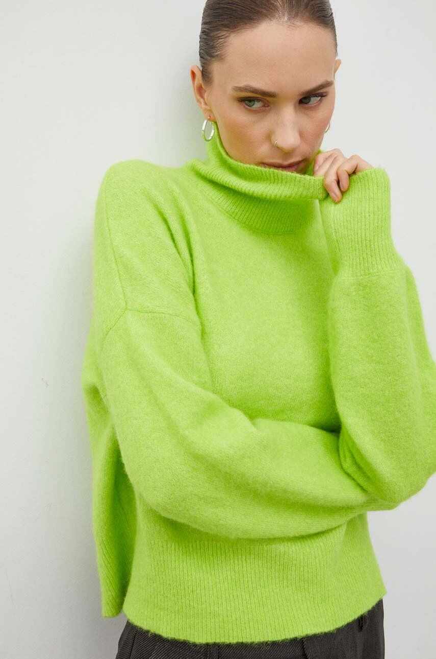 Samsoe Samsoe pulover de lana femei, culoarea verde, light, cu turtleneck