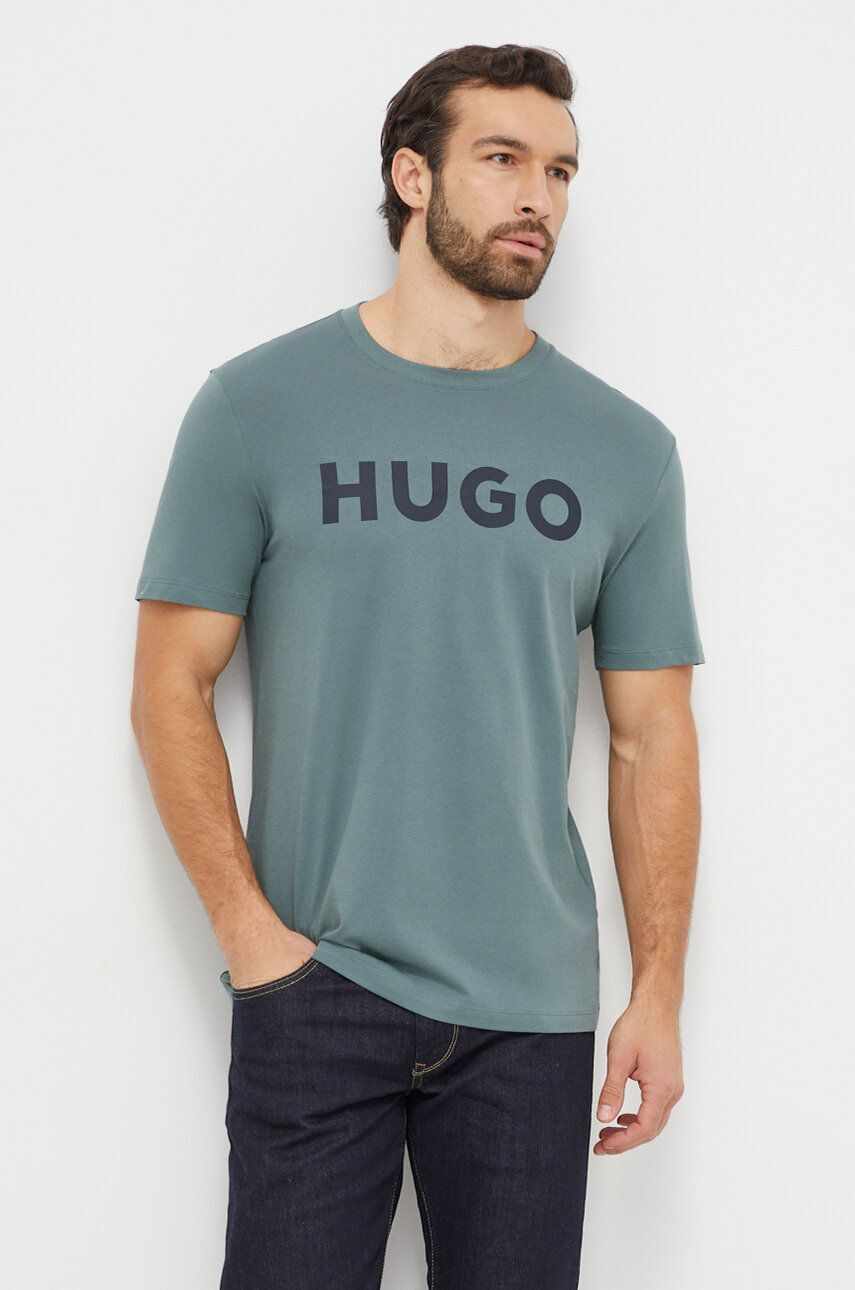 HUGO tricou din bumbac barbati, culoarea verde, cu imprimeu