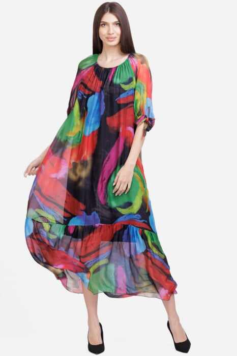 Rochie lunga din matase naturala, cu imprimeu pictural multicolor