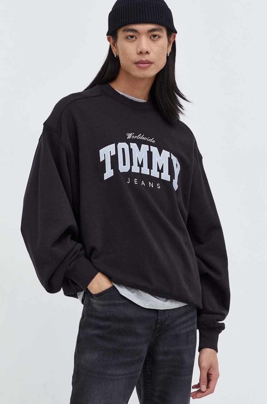 Tommy Jeans hanorac de bumbac barbati, culoarea negru, cu imprimeu