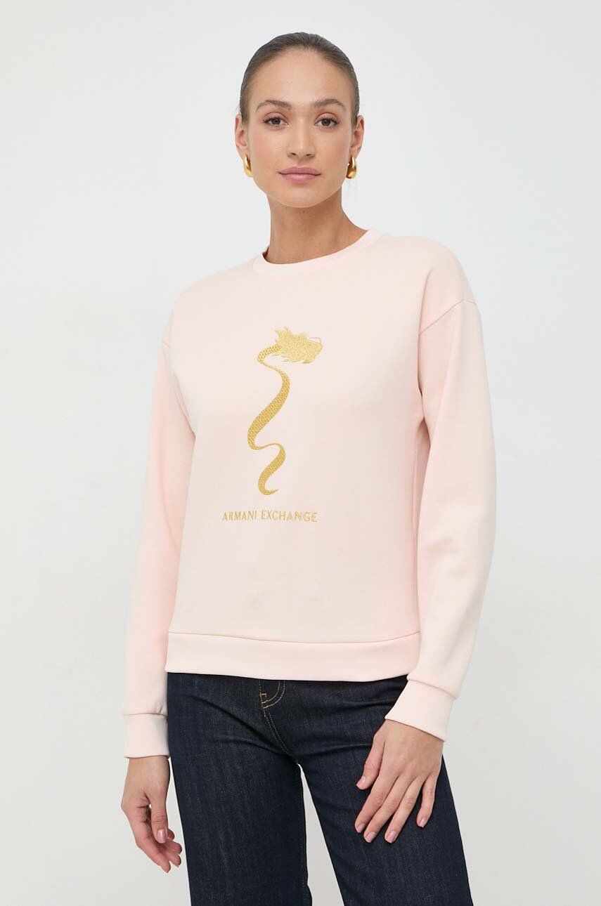 Armani Exchange bluza femei, culoarea roz, cu imprimeu