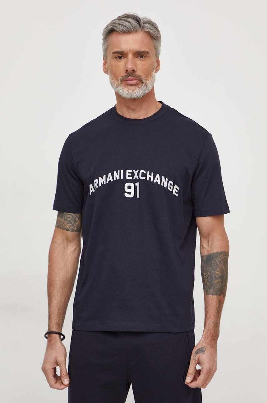 Armani Exchange tricou din bumbac barbati, culoarea albastru marin, cu imprimeu