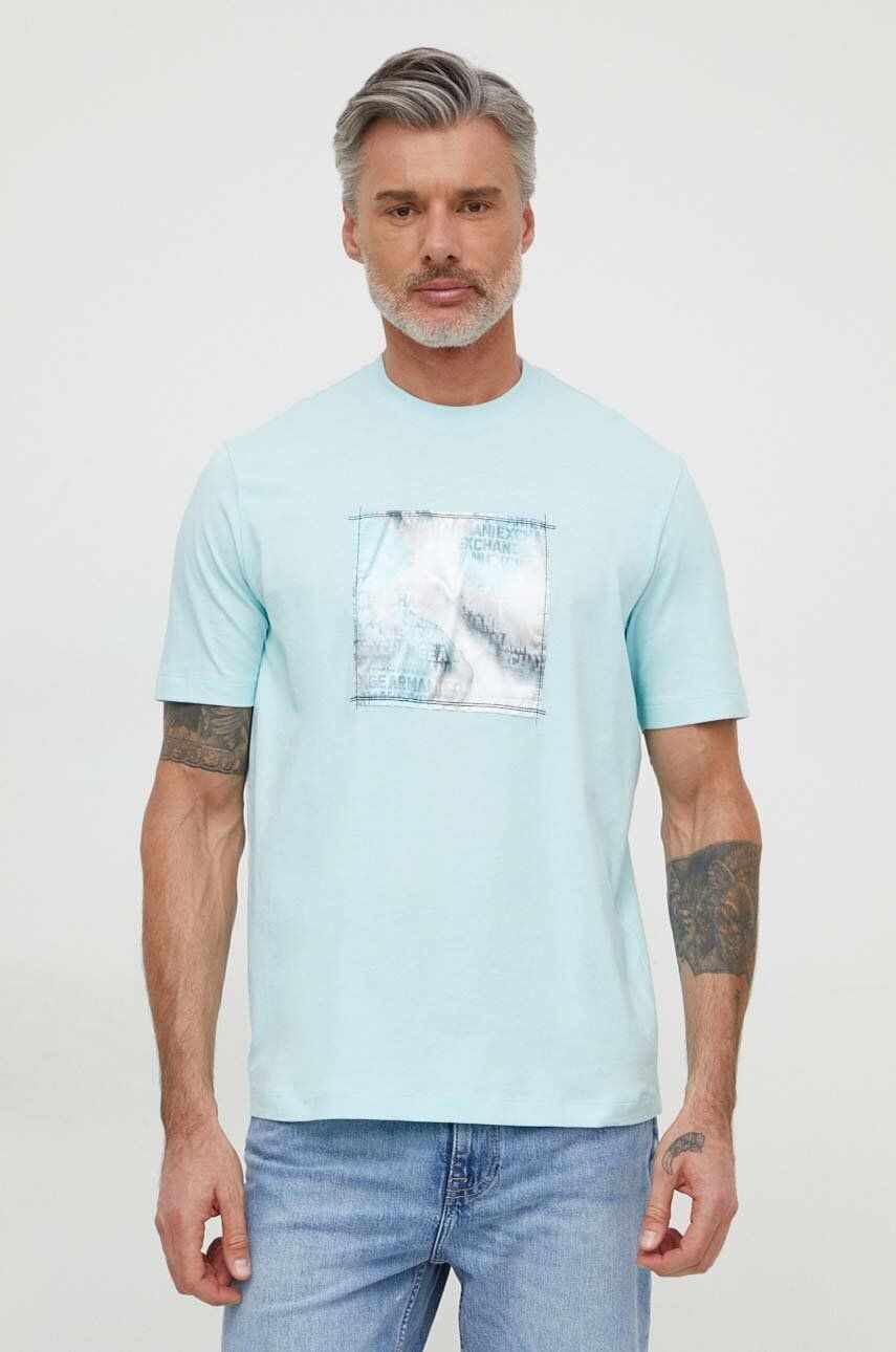 Armani Exchange tricou din bumbac barbati, culoarea turcoaz, cu imprimeu