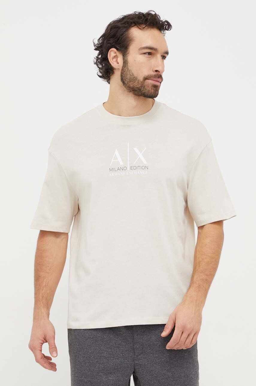 Armani Exchange tricou din bumbac barbati, culoarea bej, cu imprimeu