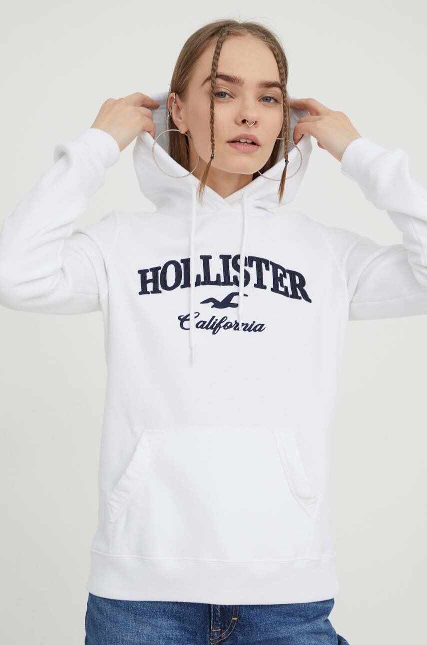 Hollister Co. bluza femei, culoarea alb, cu glugă, cu imprimeu