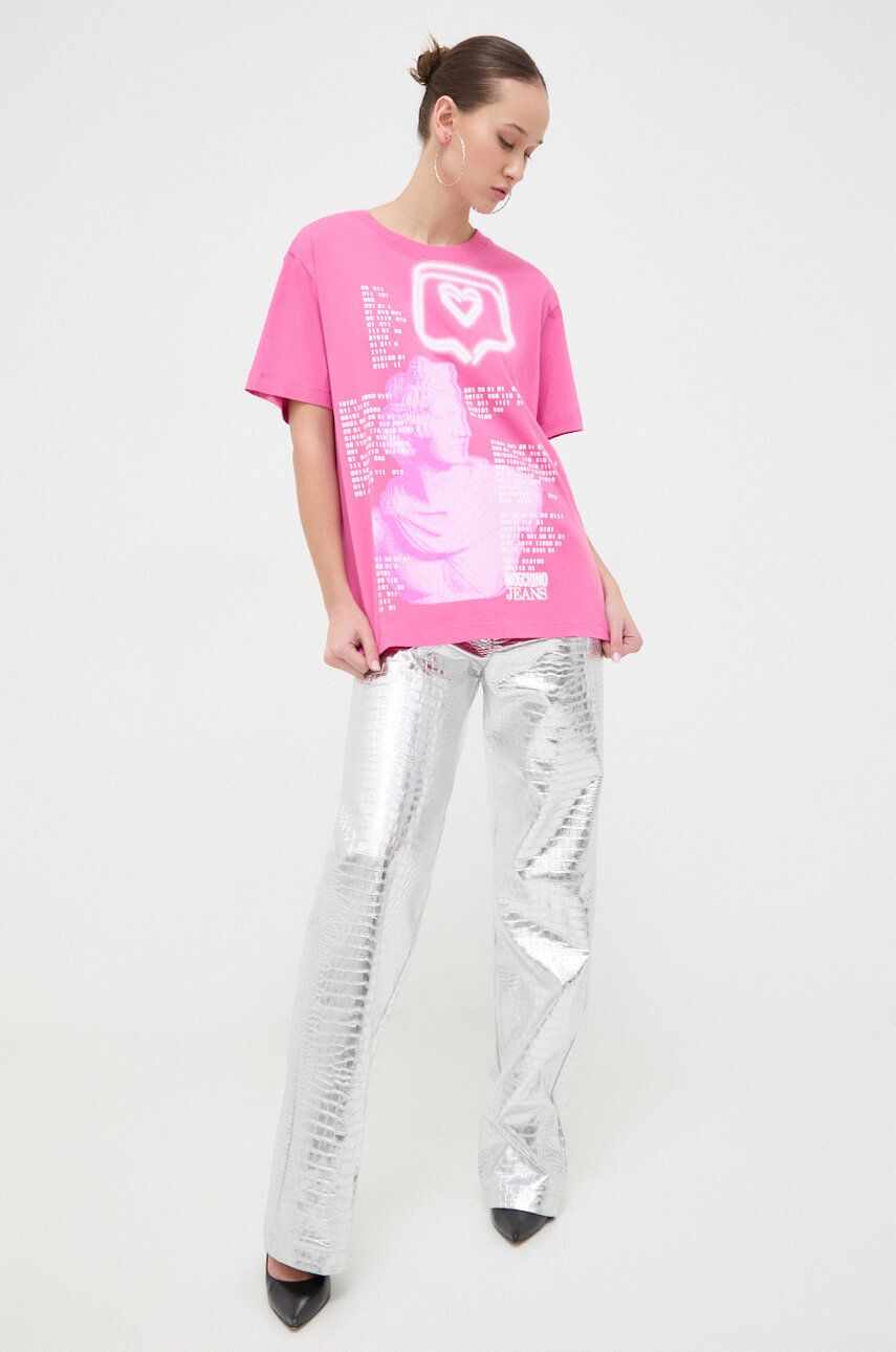 Moschino Jeans tricou din bumbac femei, culoarea roz