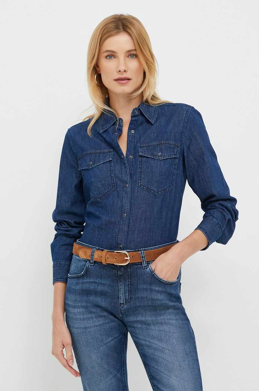Sisley camasa jeans femei, culoarea albastru marin, cu guler clasic, regular