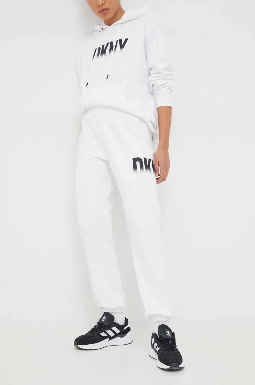 Dkny pantaloni de trening culoarea alb, cu imprimeu