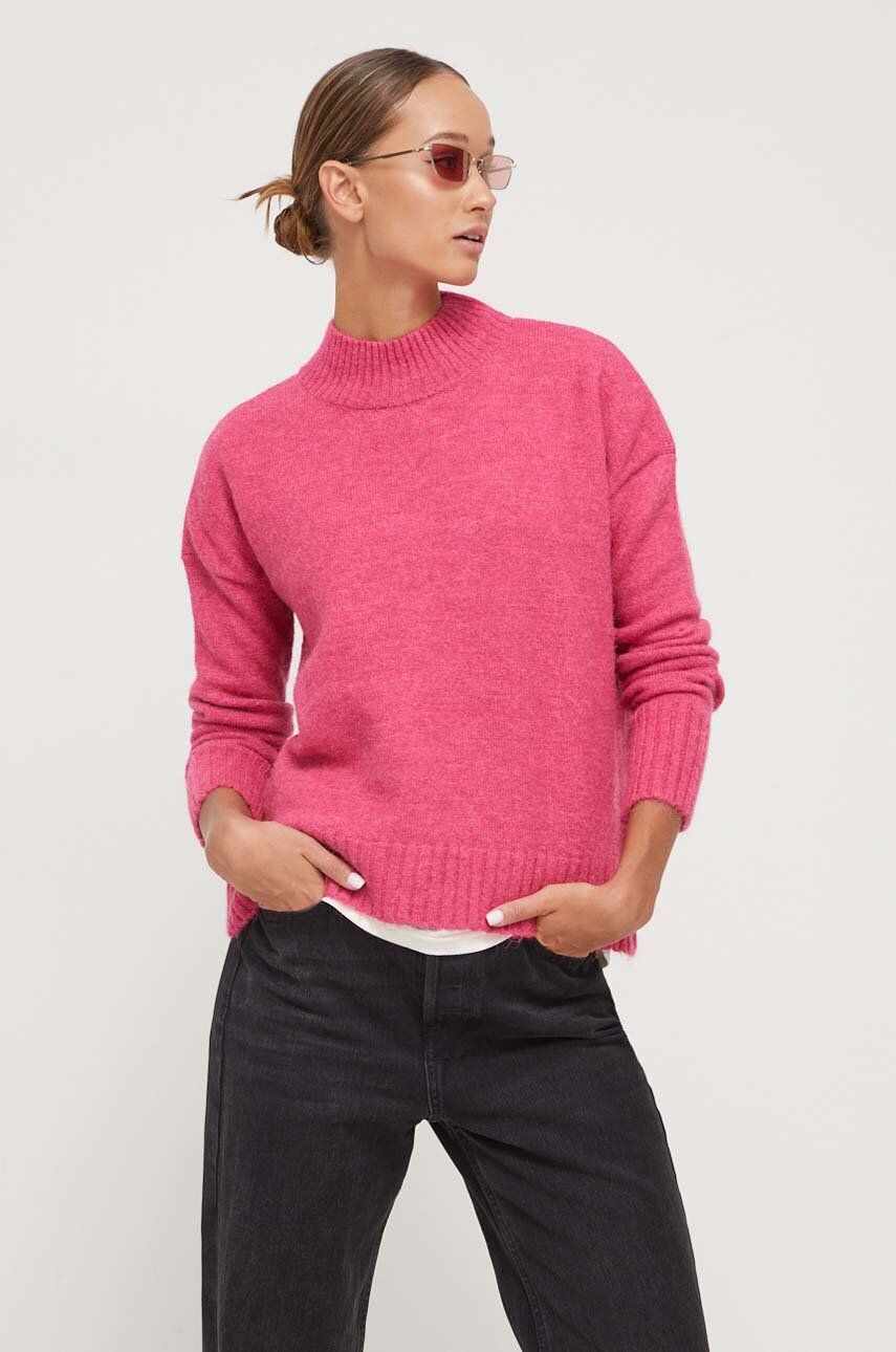 Superdry pulover din amestec de lana femei, culoarea roz, călduros, cu turtleneck