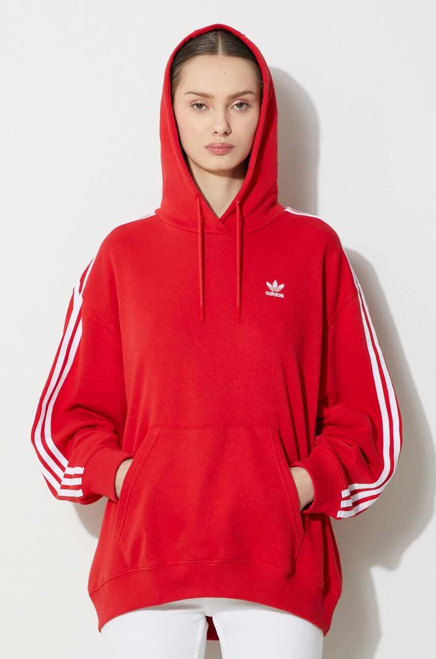 adidas Originals bluza 3-Stripes Hoodie OS femei, culoarea rosu, cu glugă, cu imprimeu, IN8397