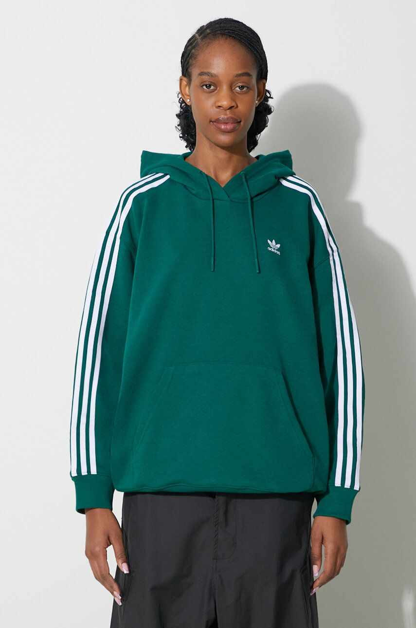 adidas Originals bluza 3-Stripes Hoodie OS femei, culoarea verde, cu glugă, cu imprimeu, IN8400