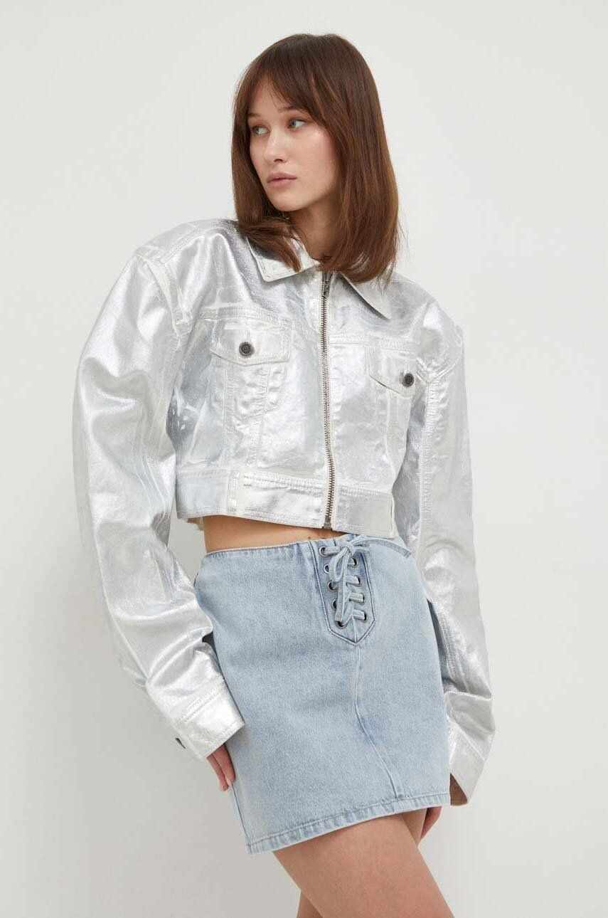 Rotate geaca jeans femei, culoarea argintiu, de tranzitie, oversize