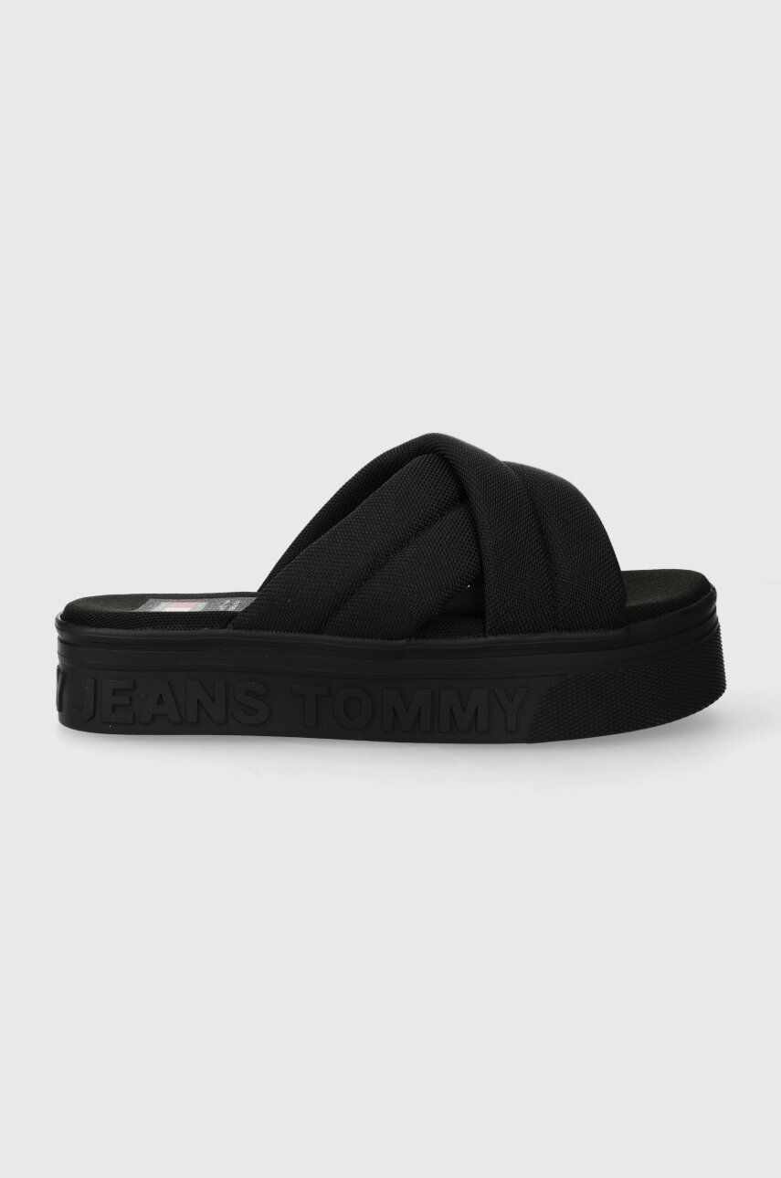Tommy Jeans papuci TJW LETTERING FLATFORM SANDAL femei, culoarea negru, cu platforma, EN0EN02465