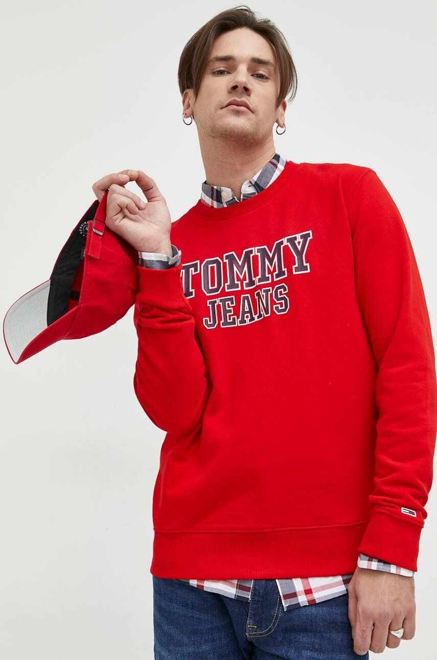 Tommy Jeans hanorac de bumbac barbati, culoarea rosu, cu imprimeu