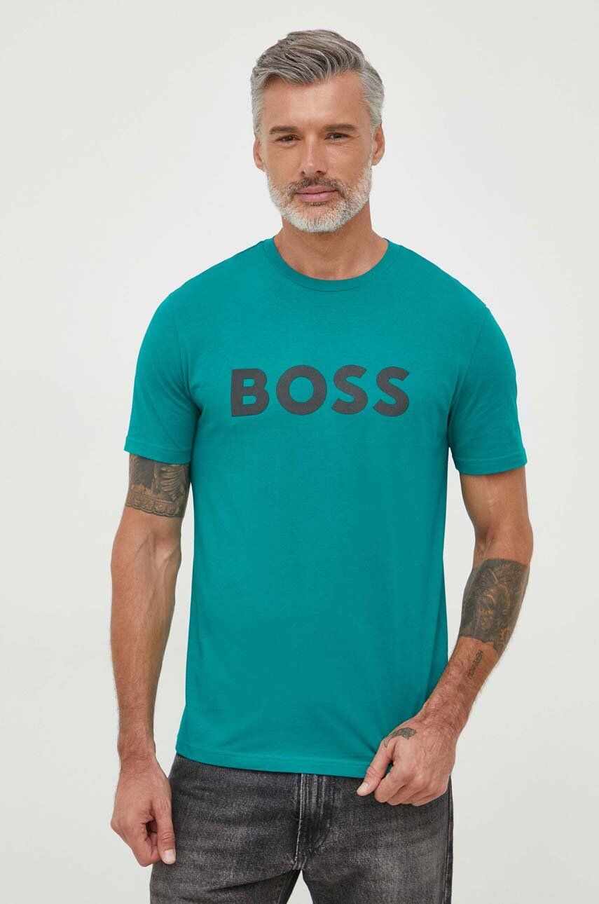 BOSS tricou din bumbac BOSS CASUAL barbati, culoarea verde, cu imprimeu