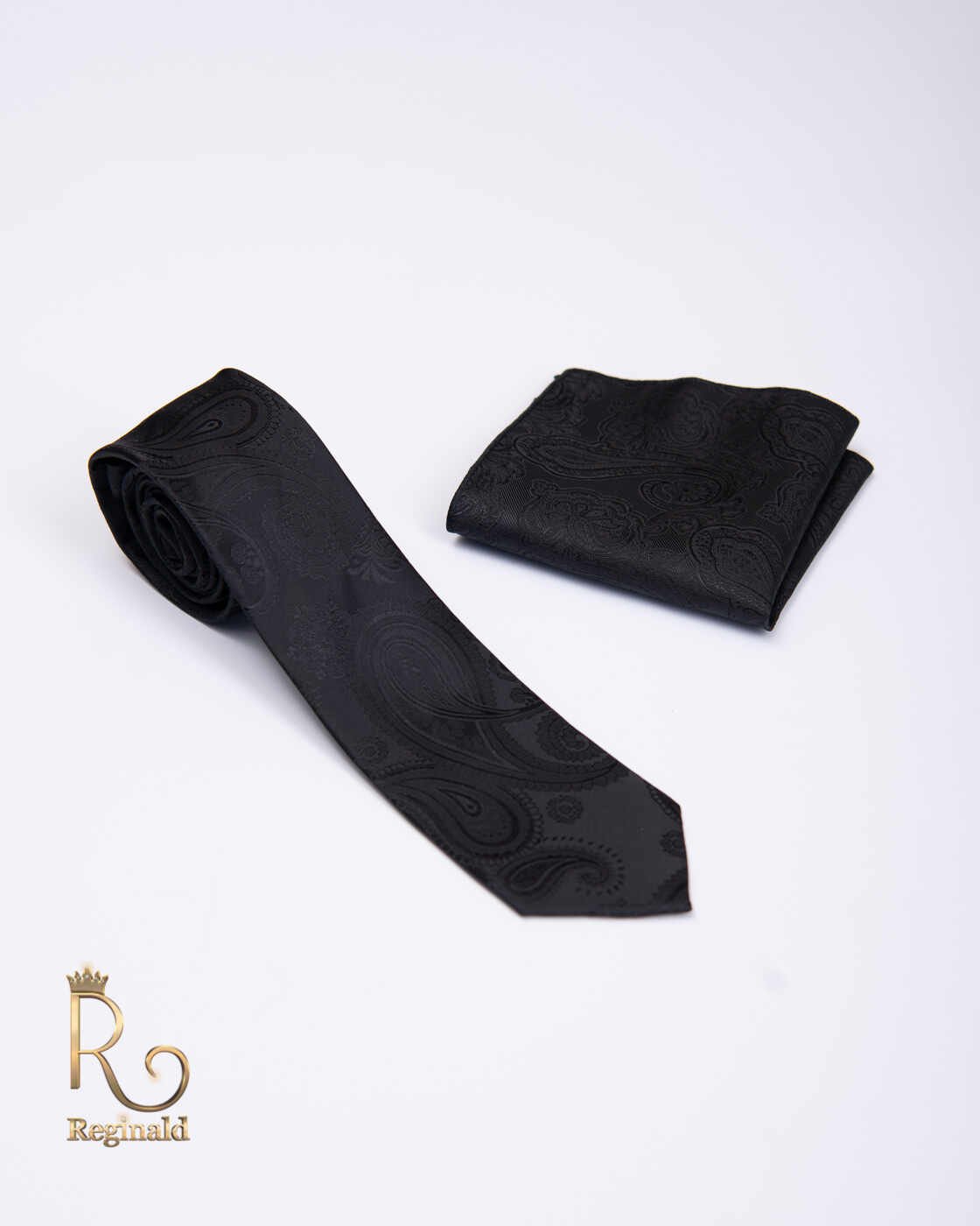 Cravata de bărbați cu batista, neagra cu model - CV687