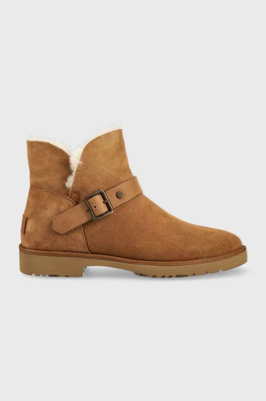 UGG cizme din piele intoarsa W Romely Short Buckle femei, culoarea maro, cu toc plat, izolat