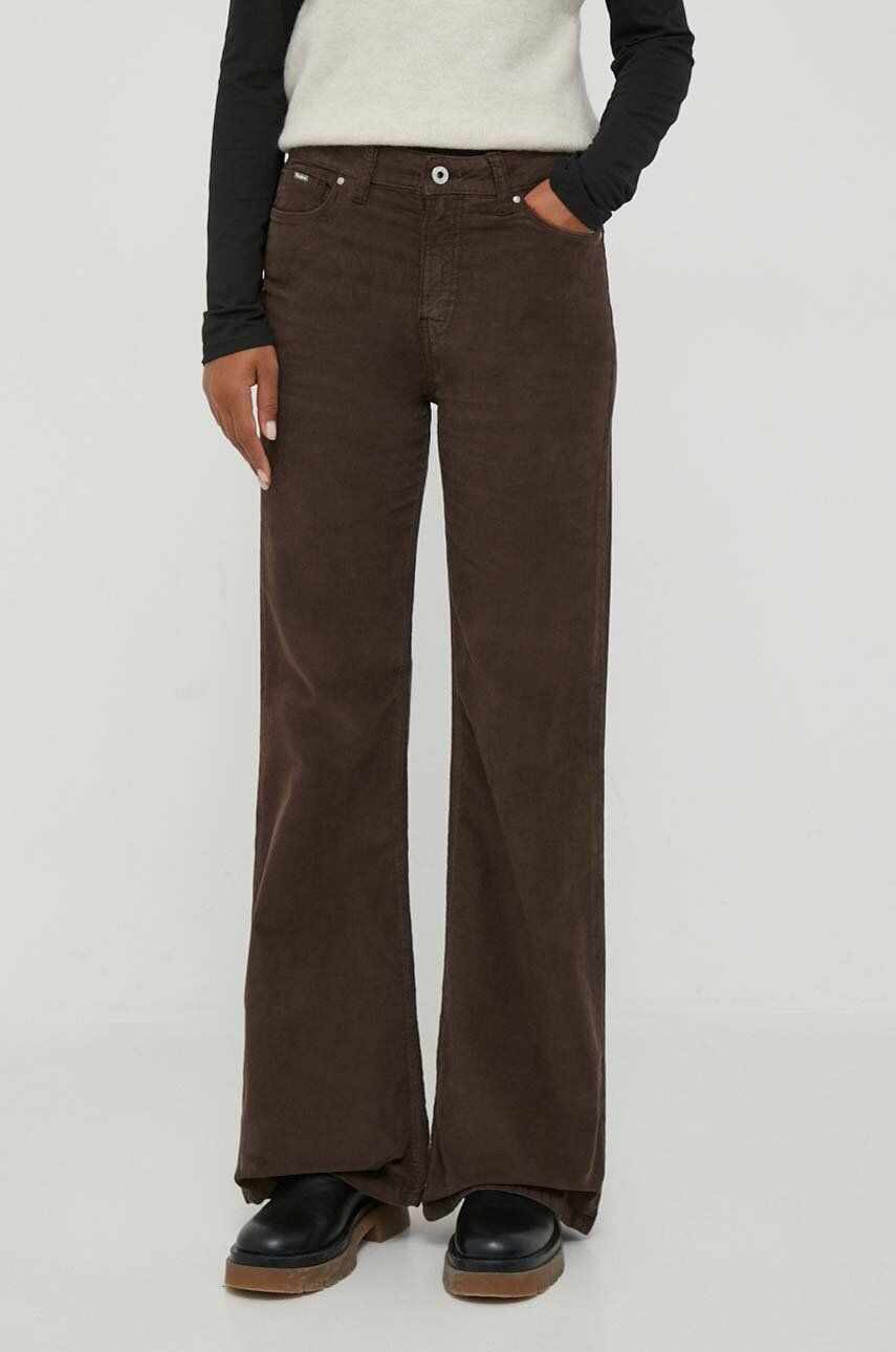 Pepe Jeans pantaloni de catifea cord Willa culoarea maro, evazati, high waist